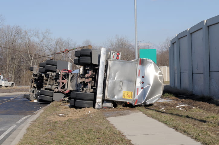 An overturned semi-truck after a trucking accident.